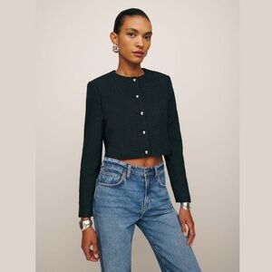 Reformation Black Tweed Trista Cropped Jacket with Silver Buttons